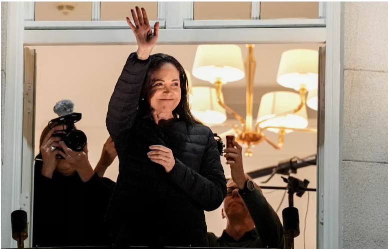 Venezuelan Nobel peace prize winner greets crowds in Oslo after nearly a year in hiding